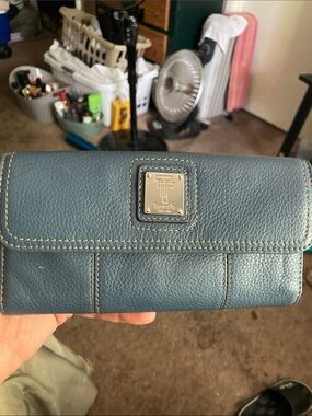 Tignanello Teal Pebbled Leather Continental Wallet with Metal Logo Plaque